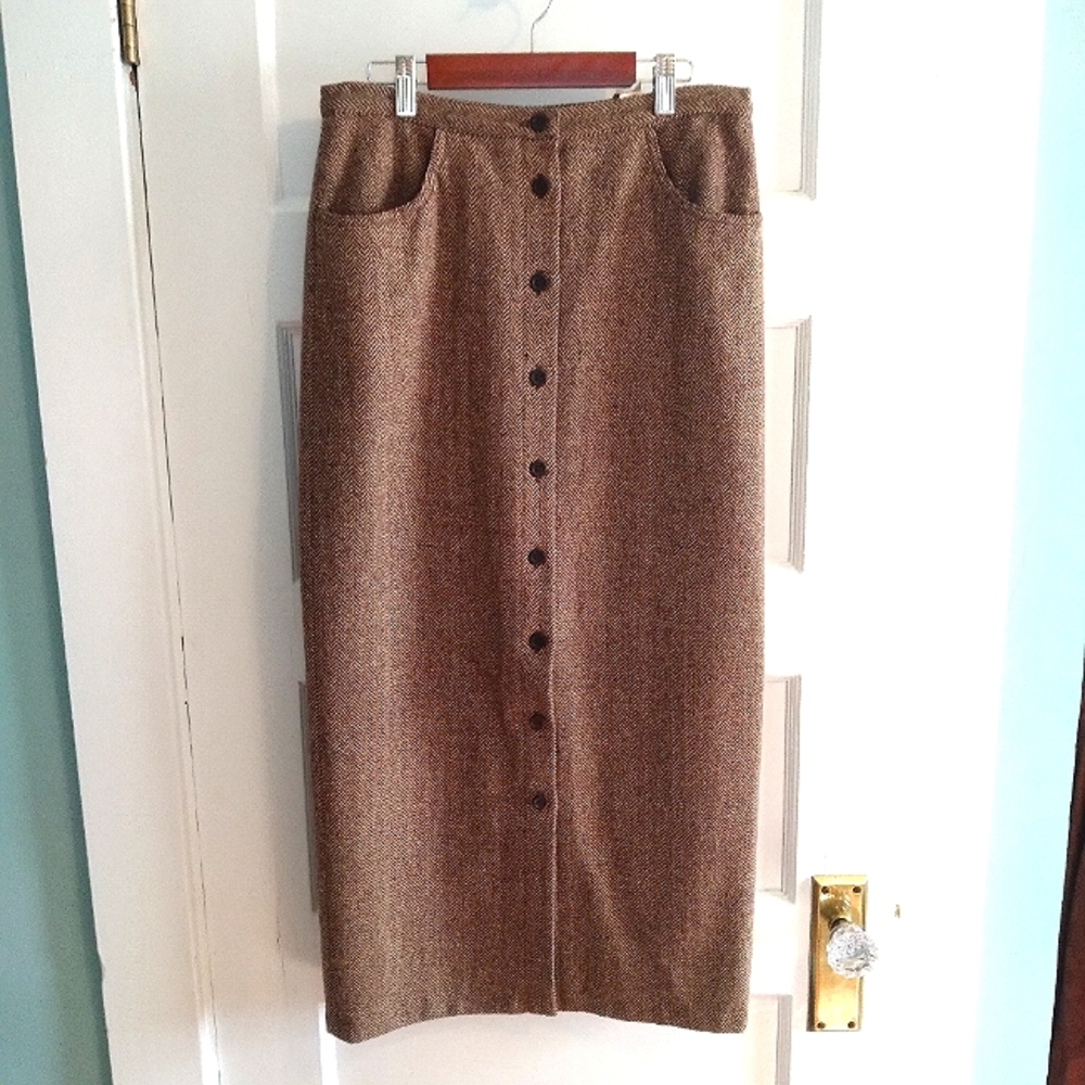 VTG 90s JCrew button-down Herringbone wool brown tweed skirt - m - Picture 6 of 6